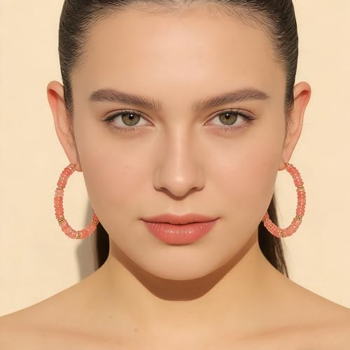 Wellike Beaded Hoop Earrings for Women Natural Stone Pink Gold Huggie Earrings Hypoallergenic Dainty Waterproof Trendy Jewelry - color: Rose Pink, size: 55mm