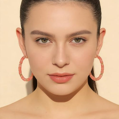 Wellike Beaded Hoop Earrings for Women Natural Stone Pink Gold Huggie Earrings Hypoallergenic Dainty Waterproof Trendy Jewelry - color: Rose Pink, size: 55mm
