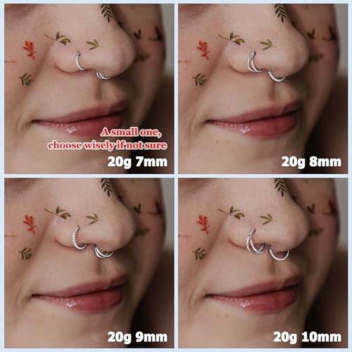 BodyBonita 3pcs Nose Rings Hoops - Double Hoop Nose Ring 14/16/18/20G Hinged CZ Piercing Jewelry Septum Clicker Rings Cartilage Earring Helix Rook Tragus Daith 7mm/8mm/9mm/10mm - color: Silver, size: 20 gauge(0.8mm)-8mm