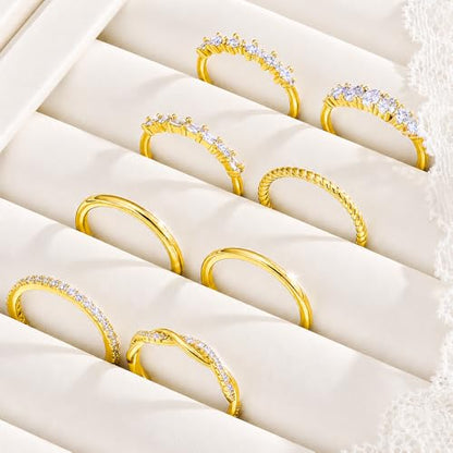 KISS WIFE 8 Pcs 14K Gold Plated Stackable Rings Set for Women, Dainty Sparkling Cubic Zirconia Statement Rings, Non Tarnish Engagement Wedding Bands, Minimalist Daily Wear Finger Jewelry, Ideal Gift
