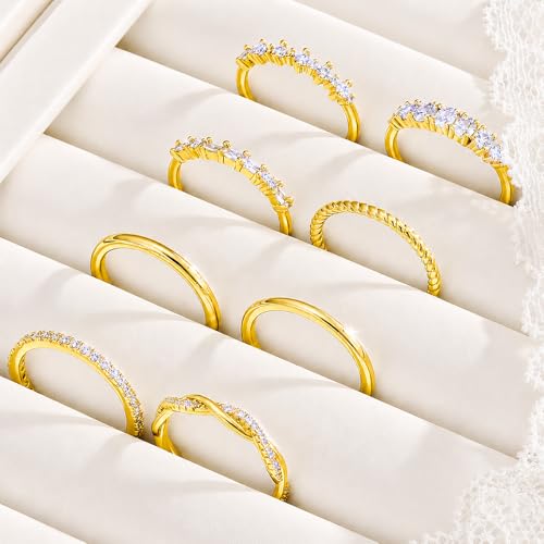 KISS WIFE Gold Stackable Rings for Women, 14K Gold Plated Ring Set | Smooth, twisted and sparkling band styles in sizes 6-9, designed to wear alone, mix together or create layered looks