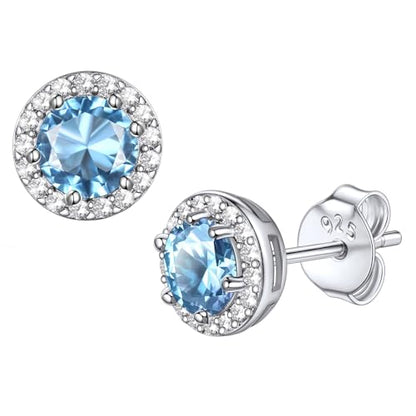Bestyle 8mm Small Birthstone Earrings for Women with Hypoallergenic Sterling Silver Post,Sparkle Heart/Round Womens Studs Earrings, Great Birthday/Christmas/Anniversary Jewelry for Wife Mother - color: 03. Mar. Aquamarine-Round
