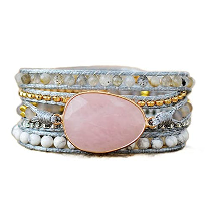 Women Wrap Bracelet Boho Natural Jasper Crystal Stone Beads Strand Bracelets - color: Style 04-Pink Quartz