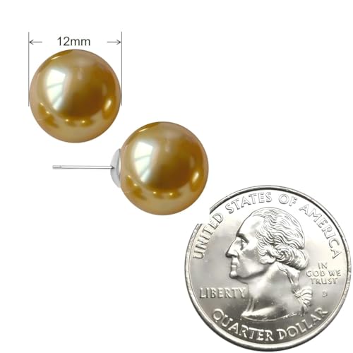 Gold & Brown Faux Pearl Stud Earrings, S925 Silver Posts Hypoallergenic for Women - color: Gold, size: 12mm