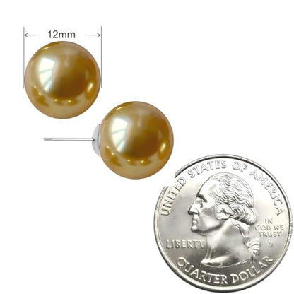 Gold & Brown Faux Pearl Stud Earrings, S925 Silver Posts Hypoallergenic for Women - color: Gold, size: 12mm