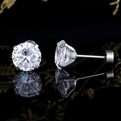 VOLUKA Cubic Zirconia Stainless Steel Screw Flat Back Earring - Hypoallergenic Stud Earrings for Women & Men - 316L Titanium CZ Stud Earrings for Nickel-Free, Trendy & Elegant - color: 1 Pair- 6mm Flat Back -White