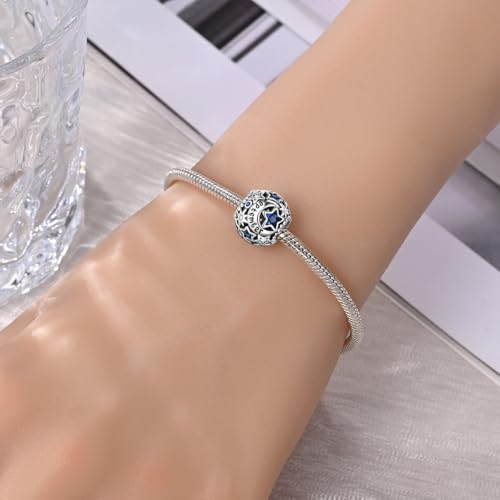 925 Sterling Silver Birthstone Star & Moon Bead Charms with Cubic Zirconia | 12 Months Birthstones, Compatible with Pandora & European Bead Charms Bracelets,Celestial Birthday Jewelry Gift for Women - color: September Deep Blue Birthstone Charm