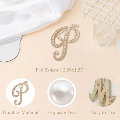 A-Z Initial 26 Letter Brooch Pins, Gold Faux Pearl Alphabet Badges Breastpin for Hat Bag Dress Coat Suit Accessory, Elegant Name Personalized Gifts for Women Men - color: P
