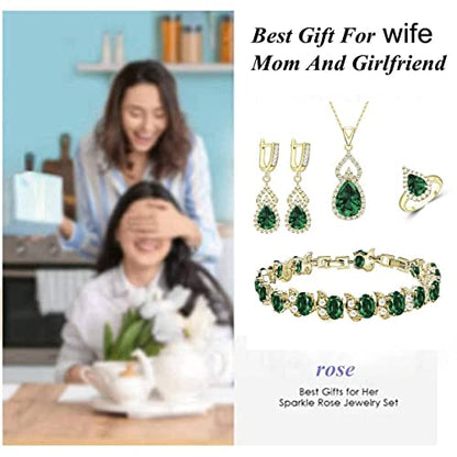 LMXXVJ Women Jewelry Set Platinum Plated Necklace Open Ring Earrings Bracelet Set,Birthday/Anniversary Mother’s Day Jewelry Gifts for Mom/Wife/Sister/Best Friend - color: Yellow Gold-Green
