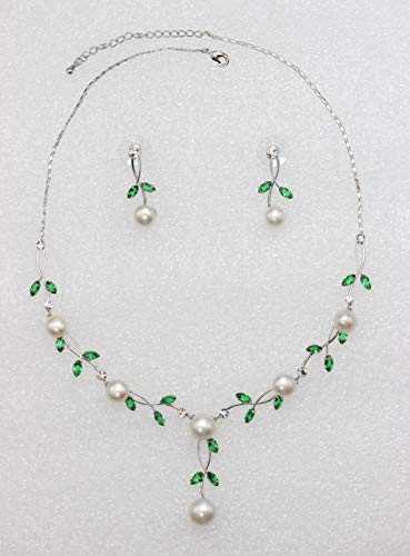 Faship Genuine Freshwater Pearls Floral Necklace Earrings Set | Premium CZ Crystal, Gorgeous, Sparkling - color: Green