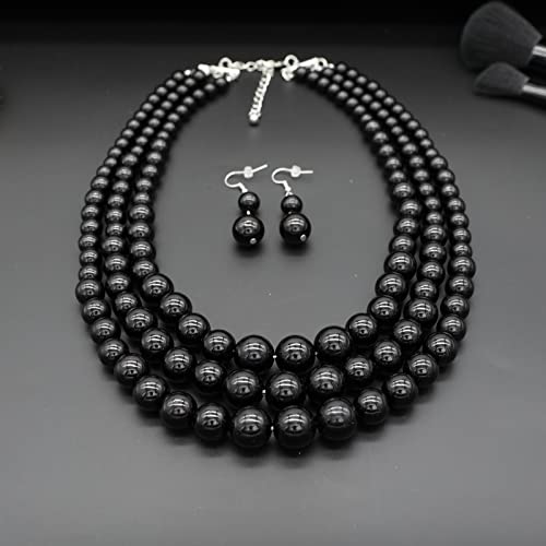 Chunky Layered Imitation Pearl Necklace for Women 3 strand Pearl Necklaces Faux Pearl Necklace Earrings Set 1920s Flapper Gatsby Costume Accessories - color: 3 strand pearl necklace Black