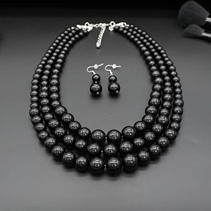 Chunky Layered Imitation Pearl Necklace for Women 3 strand Pearl Necklaces Faux Pearl Necklace Earrings Set 1920s Flapper Gatsby Costume Accessories - color: 3 strand pearl necklace Black