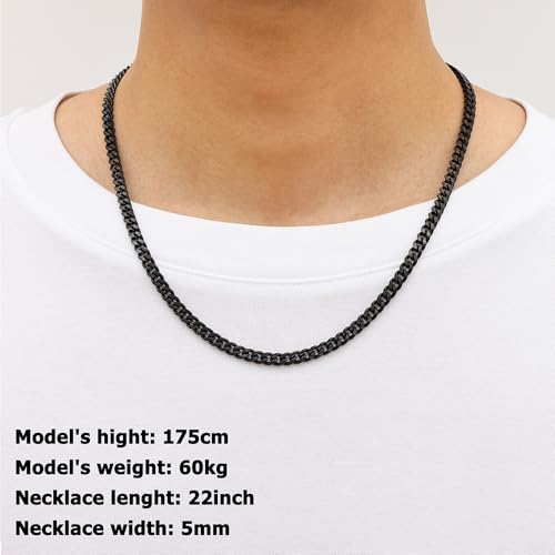 Fiusem Silver Tone/Black/14K Gold Plated Chain Necklace for Men, 5mm/6mm/7.5mm/8mm/9mm Stainless Steel Cuban Link Chain Necklace, Men's Chains 18-28 Inch Jewelry Gifts - size: 20", style: 5mm black