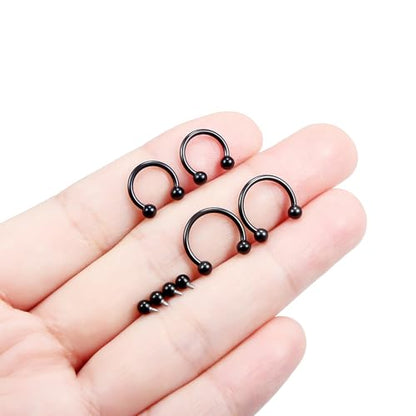 Hoeudjo Internally Threaded Septum Rings 16G Surgical Steel Horseshoe Septum Jewelry Lip Ring 8mm 10mm with Replacement Balls Ball Grabber Tool Smiley Piercing Jewelry for Women Men - color: black