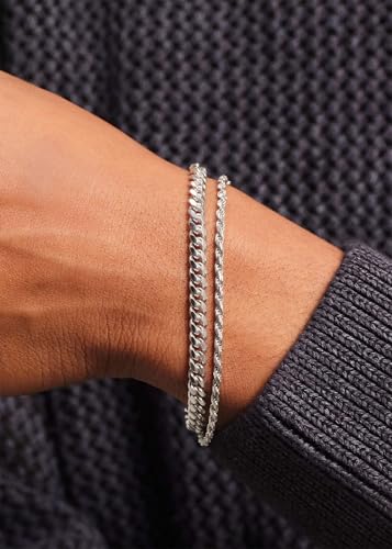 S925 Sterling Silver 6mm Cuban Link Chain Bracelets for Men,2.5mm Rope Chain Mens Bracelet Set for Men's&woman,Trendy hip-hop stacking Chain Gift Boyfriend/Girlfriend,Non Tarnish Hypoallergenic - style: Silver Rope chain + Cuban link