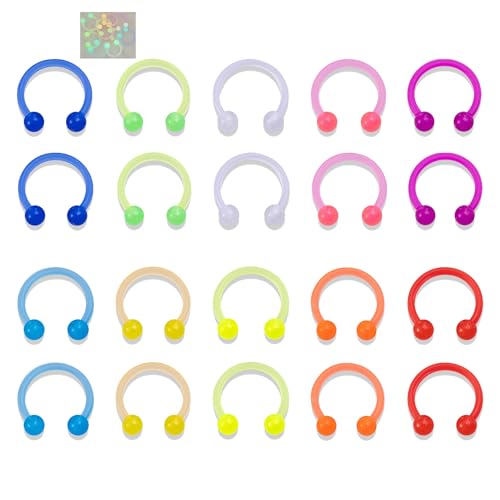 20Pcs 16G Glow in the Dark Horseshoe Nose Septum Ring for Women and Men | Eyebrow Lip Ring Septum Retainer Acrylic Flexible Circular Barbell Piercing Jewelry