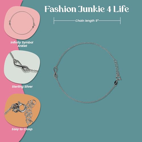 FashionJunkie4Life Sterling Silver Adjustable Link Anklet with Extension, Sterling Silver ankle bracelets for women, Summer bracelets, Foot Jewelry, Boho Jewelry for women - color: Infinity