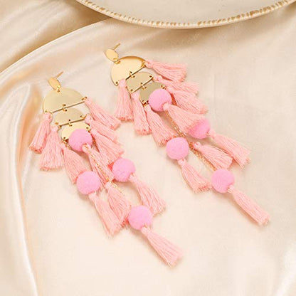 Long Tassel Earrings for Women Colorful Fringe Drop Dangle Earrings Bohemian Hawaiian Summer Beach Jewelry for Womens Vacation Outfits - color: Blush Pink