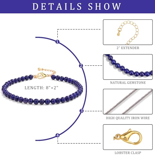 Natural Stone Beaded Anklets for Women, Handmade Boho Clear Quartz 4mm Crystal Beads Anklet, Gold Chain Adjustable Ankles Bracelet, Beach Summer Jewelry Gemstone Foot Bracelet Gift - color: Lapis Lazuli