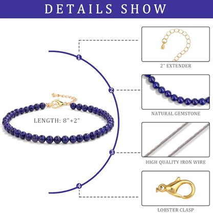 Natural Stone Beaded Anklets for Women, Handmade Boho Clear Quartz 4mm Crystal Beads Anklet, Gold Chain Adjustable Ankles Bracelet, Beach Summer Jewelry Gemstone Foot Bracelet Gift - color: Lapis Lazuli