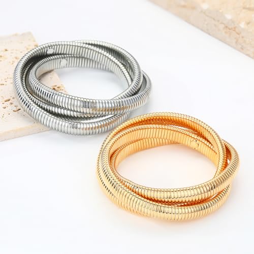 Gold Chunky Stretch Snake Chain Bangle Bracelets Stack for Women Trendy, 18K Gold Filled Stainless Steel Stretchy Womens Stackable Wristband Bangles Bracelet Set - style: TWISTED 2PCS Gold-plated&SILVER