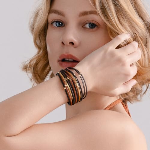 Stackable Beaded Leather Wrap Bracelet Boho Western Country Beach Jewelry | Layered Bead Stack Multi Strand Magnetic Clasp Cuff Bangle Bohemian Hippie Cowgirl Fashion Summer Vacation Outfits for Women - color: Brown