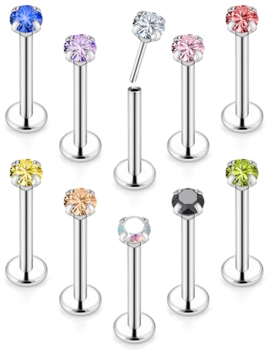 20G 18G 16G Threadless Flat Back Earrings Nose Stud 316L Surgical Steel Medusa Labret Monroe Lip Ring Tragus Forward Helix Conch Cartilage Lobe Earrings Stud Piercing Jewelry For Women Men - color: Mix CZ, size: 20G-8MM Length
