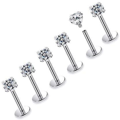 16G ASTM F136 Titanium Surgical Steel Internal Thread Flat Back Studs Earrings Lip Rings Labret Medusa Helix Tragus Cartilage Earring stud Piercing Jewelry for Women Men Silver Black Gold - style: 16g/3mm Clear cz/Titanium 8mm