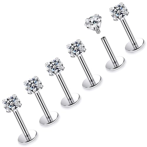 16G ASTM F136 Titanium Surgical Steel Internal Thread Flat Back Studs Earrings Lip Rings Labret Medusa Helix Tragus Cartilage Earring stud Piercing Jewelry for Women Men Silver Black Gold - style: 16g/3mm Clear cz/Titanium 6mm