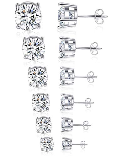 Tornito 6 Pairs 20G Stainless Steel Stud Earrings Square Cubic Zirconia Earring Set For Men Women 3MM-8MM Silver Tone - style: A:6 Pairs,Round CZ