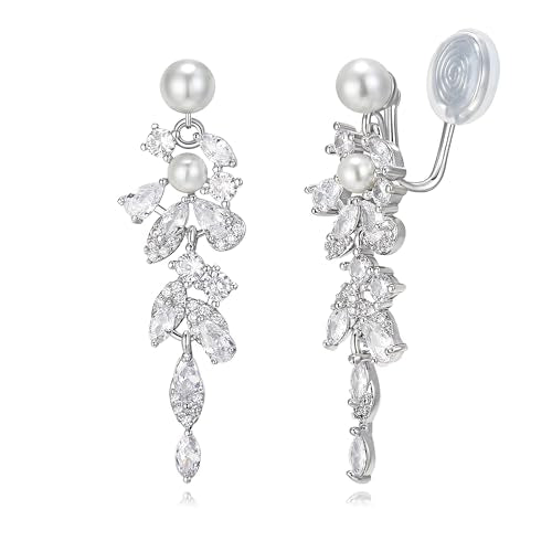 Crysdue Simulated Pearl Earrings for Women, Dainty Silver/Gold/Rose Gold Plated Cubic Zirconia Drop Dangle Earrings Wedding Jewelry for Bride Bridesmaid - style: U_Clip on_Pearl, Silver