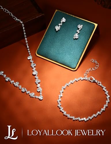 Crystal Silver Necklace and Earrings with Crystal Bracelet for Women | Teardrop Dangle Earrings Rhinestone Necklace Bracelet for Bride Bridesmaid Crystal Bridal Wedding Party Jewelry Sets - style: flower neckalce+adjustable bracelet