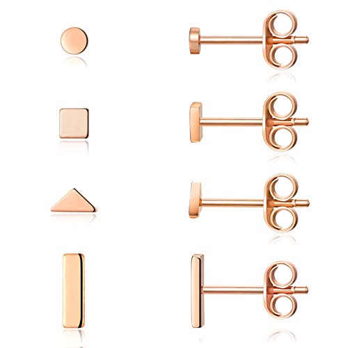 EPIRORA Sterling Silver Stud Earrings for Women Men- 4 Pairs of Hypoallergenic Simple Geometric Small Stud Earring Set Tiny Circle Triangle Square Bar Stud Earrings Mini Cartilage Tragus Earrings - style: Style 1- Rose Gold