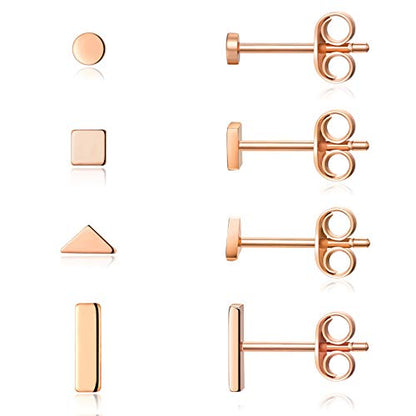 EPIRORA Sterling Silver Stud Earrings for Women Men- 4 Pairs of Hypoallergenic Simple Geometric Small Stud Earring Set Tiny Circle Triangle Square Bar Stud Earrings Mini Cartilage Tragus Earrings - style: Style 1- Rose Gold