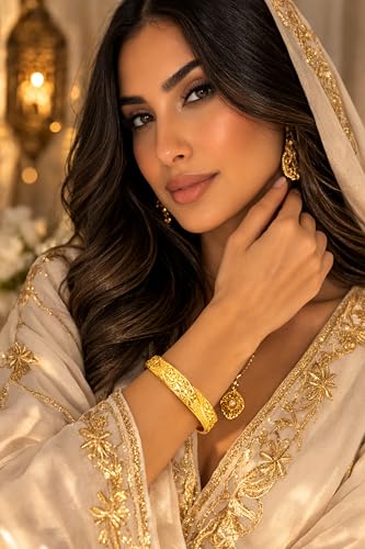 24K Gold Plated Dubai Style Single Cuff Bangle Bracelet for Women, Vintage Geometric Open Design