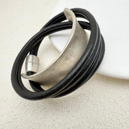 Leather Wrap Bracelet for Women Bangle Bracelet Handmade Bohemian Bangle Bold Statement Leather Bracelet for Women Trendy - style: Black Leather Wrap Bracelet