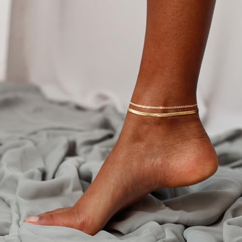 Risamil 14K Gold Plated Ankle Bracelets for Women, Anklets for Women Waterproof Layered Ankle Bracelets for Women Teen Girl Herringbone Anklet Set Summer Foot Jewelry Gifts - color: 2PCS-5