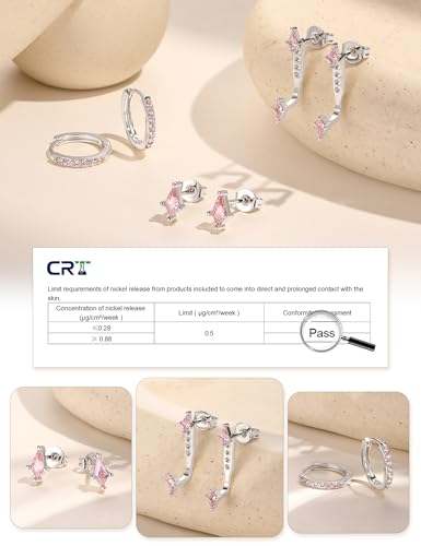 3 Pairs Stackable Kite Stud Earrings Set for Women Trendy | Dainty Birthstone Stud Gold & 925 Sterling Silver Huggie Hoop Jacket Stack Earrings for Women 2026 - color: Silver-Pink Tourmaline