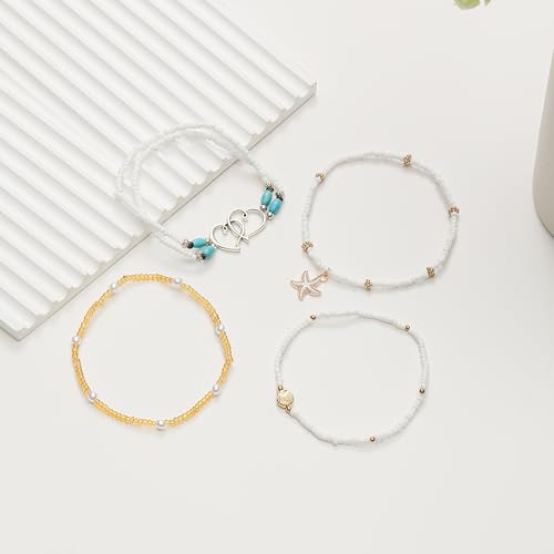 Shell Ankle Bracelet Set for Women Gold Boho Bead Anklets Summer Hawaiian Beach Seashell Pearl Disc Double Heart Starfish Conch Layered Foot Chain Jewelry Adjustable - style: B: Heart