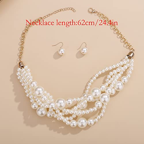 Wiwpar 2PCS Large Chunky Statement Faux Pearl Bib Choker Necklace and Earring Set for Party Wedding Ladies - color: white
