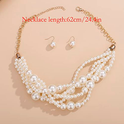 Wiwpar 2PCS Large Chunky Statement Faux Pearl Bib Choker Necklace and Earring Set for Party Wedding Ladies - color: white