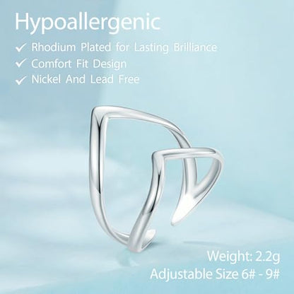 Silver Open Adjustable Stacking Rings for Women, Minimalist Wrap Band Set, Geometric/Heart/Wave/Leaf/Spiral Styles, Hypoallergenic, Gift Box Included, Thumb Ring Option - color: V-shaped Heart