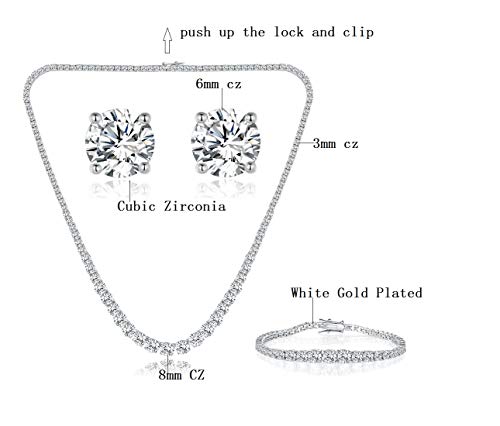 18K White Gold Plated Tennis Necklace/Bracelet/Earrings/Band Ring Sets Hypoallergenic Jewelry Pack of 4 - color: 3 Set Pcs White