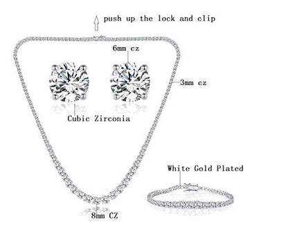 18K White Gold Plated Tennis Necklace/Bracelet/Earrings/Band Ring Sets Hypoallergenic Jewelry Pack of 4 - color: 3 Set Pcs White