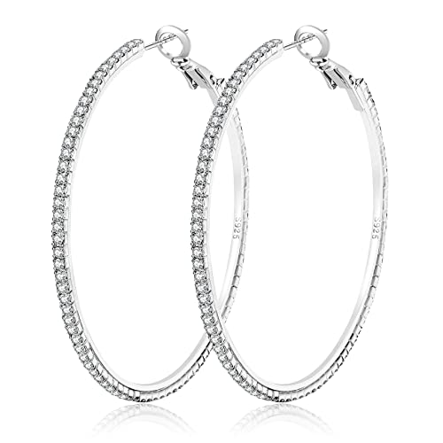 925 Sterling Silver Earrings Large Rhinestone Hoop Earrings Big Cubic Zirconia Hoop Earrings Thin Rhinestones Round Hoop Earrings for Women 20/30/40/50/60/70mm Sparkly Hoops With Crystals for Womens - color: Silver,60mm