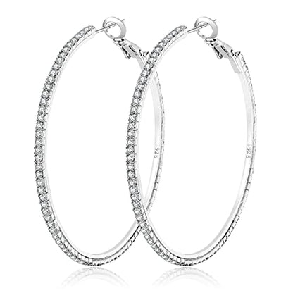925 Sterling Silver Earrings Large Rhinestone Hoop Earrings Big Cubic Zirconia Hoop Earrings Thin Rhinestones Round Hoop Earrings for Women 20/30/40/50/60/70mm Sparkly Hoops With Crystals for Womens - color: Silver,60mm