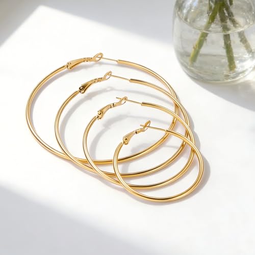 4 Pairs Silver Hoop Earrings for Women 30/40/50/60mm | Hypoallergenic, Stainless Steel, Big Thin Lightweight, Dangle Set - color: 4 Pairs Gold-30/40/50/60mm