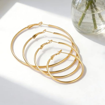 4 Pairs Silver Hoop Earrings for Women 30/40/50/60mm | Hypoallergenic, Stainless Steel, Big Thin Lightweight, Dangle Set - color: 4 Pairs Gold-30/40/50/60mm