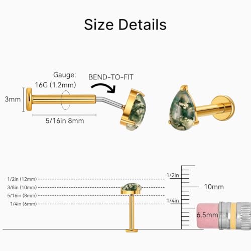 1PC ASTM F136 Titanium Push Pin Moss Agate Stone Flat Back Earrings 16G 8mm for Helix Conch Tragus - color: Waterdrop-18KGP