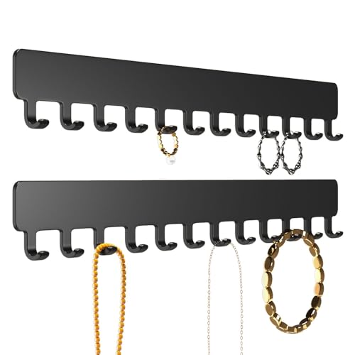 Necklace Holder Wall Mounted,Self Adhesive Jewelry Organizer,2 Pack,Black | Modern Design,24 Hooks for Jewelry,Self Adhesive No Drilling,Durable Metal Design,for bedroom/closet/bathroom/vanity - color: Black